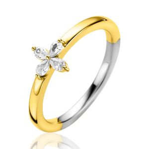 ZINZI gold plated silver ring with flower (7.5mm), set with four teardrop-shaped white zirconias ZIR2624