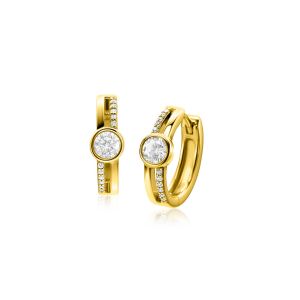 15.5mm ZINZI gold plated silver hoops with round bezel setting and multilook appearance, set with white zirconia and luxury hinge closure ZIO2625