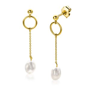37mm ZINZI gold plated silver stud earrings with open circle and chain with dangling white freshwater pearl in organic shape ZIO2615