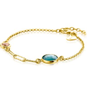 ZINZI Gold Plated Sterling Silver Bracelet with 2 Round Settings with Emerald Green and Citrine Dark Yellow Color Stones and 3 Trendy Paperclip Chains 16-19cm ZIA2418G