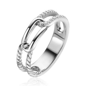 ZINZI Sterling Silver Luxury Ring with 3 Paperclip Chains: Smooth, Twist Design and White Zirconias 5mm width ZIR2330
