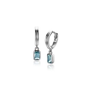 11mm ZINZI silver hoops with dangling rectangular pendants set with petrol blue stones ZIO2614