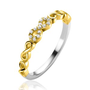 ZINZI gold plated silver stacking ring with elegant Infinity links, middle one set with white zirconias 3mm wide ZIR2591
