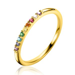 ZINZI gold plated silver stacking ring with rainbow gemstones in prong settings ZIR2598