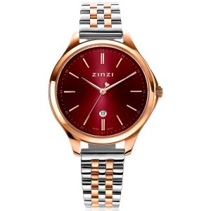 ZINZI Classy Watch 34mm Dark Red Dial Rose Gold Colored Stainless Steel Case and Bicolor Strap with Date ZIW1038