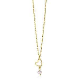 ZINZI gold plated silver necklace with open heart and dangling white freshwater pearl 40-45cm ZIC2642