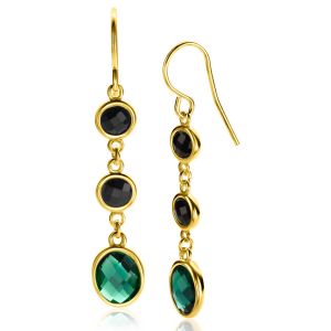 50mm ZINZI Gold Plated Sterling Silver Long Drop Earrings Set with 2 Round Black Zirconias and a Larger Oval Green Color Stone ZIO2389