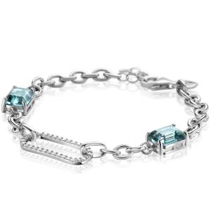 ZINZI Sterling Silver Fantasy Chain Bracelet with a Single Oval Chain Set with White Zirconias and 2 Green/Blue (Petrol) Color Stones in Prong Setting 18-21cm ZIA2487