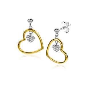 20mm ZINZI gold plated silver stud earrings open heart 15mm and dangling heart set with white zirconia ZIO2621