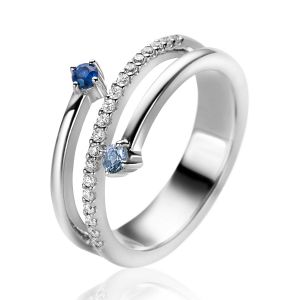 ZINZI silver multi-look ring (9mm wide) with 3 rows, set with blue gemstones and white zirconias ZIR2646B