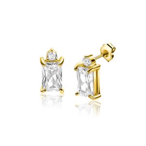 9mm ZINZI Gold Plated Sterling Silver Stud Earrings Baguette Rectangle White ZIO2441