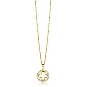 ZINZI gold plated silver necklace with luxury clover pendant (15mm) fully set with white zirconia 45-48cm ZIC2617Y