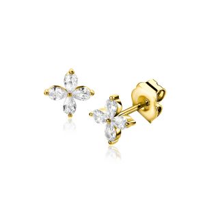 7.5mm ZINZI gold plated silver stud earrings with flower set with four teardrop-shaped white zirconia ZIO2624