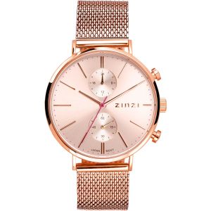 ZINZI Traveller Watch 39mm Rose Gold Colored Dial Stainless Steel Case and Mesh Strap with dual time ZIW705M