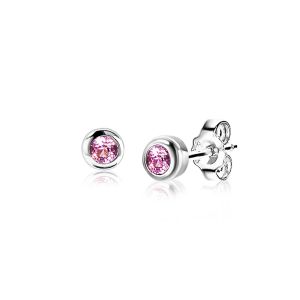 OCTOBER Stud Earrings 4mm Sterling Silver with Birthstone Pink Rose Quartz Zirconia