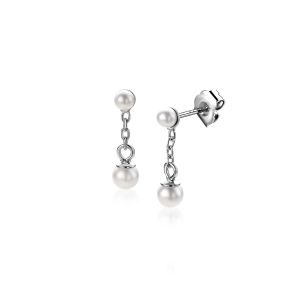 15mm ZINZI silver pearl stud earrings with chain and round white glass pearl 4mm ZIO2623