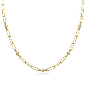 ZINZI Gold Plated Sterling Silver Necklace Paperclip Chain Round White Zirconia 40-45cm ZIC2079Y