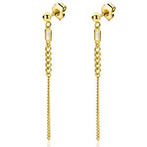 56mm ZINZI Gold Plated Sterling Silver Earrings with Curb Chain and Rectangular Setting with White Zirconia ZIO2410