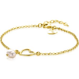 ZINZI gold plated silver bracelet with open heart and dangling white freshwater pearl 16-19cm ZIA2642