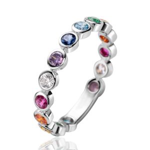 ZINZI silver stacking ring with rainbow gemstones in round bezel settings 3mm wide ZIR2599