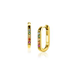 14mm ZINZI gold plated silver luxury hoops in oval shape set with rainbow coloured stones ZIO2598