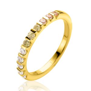 ZINZI gold plated silver stacking ring 2mm wide set with champagne, peridot and white zirconias ZIR2612
