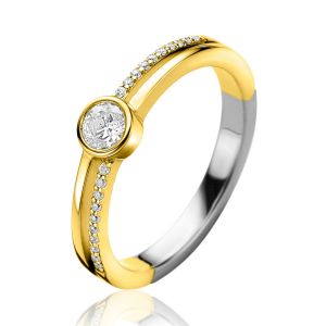 ZINZI gold plated silver multi-look ring with round bezel setting 5mm and two rows. Set with white zirconias ZIR2625