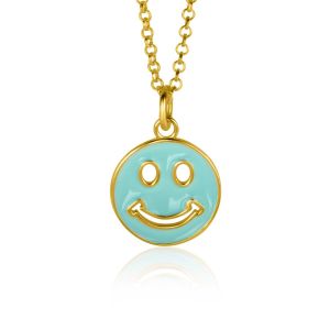 15mm ZINZI Gold Plated Sterling Silver Pendant Smiley Round with Turquoise Enamel ZIH2312T (excl. necklace)