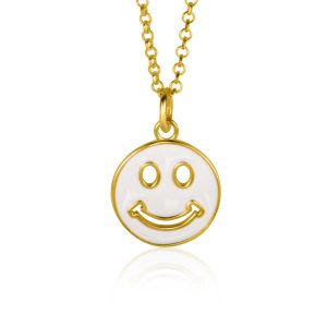 15mm ZINZI Gold Plated Sterling Silver Pendant Smiley Round with White Enamel ZIH2312W (excl. necklace)