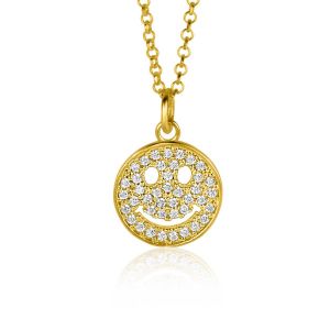 15mm ZINZI Gold Plated Sterling Silver Pendant Smiley Round with White Zirconias ZIH2313Y (excl. necklace)