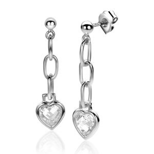 27mm ZINZI Sterling Silver Stud Earrings Paperclip Chain and Dangling Heart White Zirconia ZIO2303