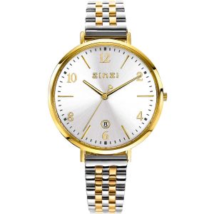 ZINZI Watch SOPHIE 38mm Silver Colored Dial with Date Gold Colored Stainless Steel Case and Bicolor Mesh Strap 14mm ZIW1433SB