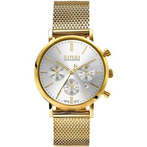 ZINZI Watch CHRONOGRAPH 34mm Silver Colored Dial with Date and Chronometers Gold Colored Stainless Steel Case and Mesh Strap 18mm ZIW1533