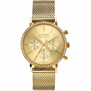 ZINZI Watch CHRONOGRAPH 36mm Stopwatch Gold Colored Dial Gold Colored Stainless Steel Case with Crystals and Mesh Strap 18mm ZIW1610