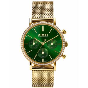 ZINZI Watch CHRONOGRAPH 36mm Stopwatch Green Dial Gold Colored Stainless Steel Case with Crystals and Mesh Strap 18mm ZIW1635