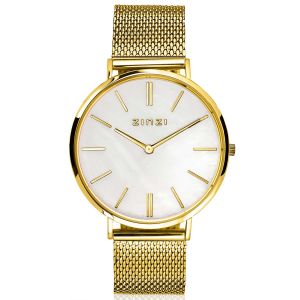 ZINZI Retro Watch White Mother-of-Pearl Dial Gold Colored Stainless Steel Case and Mesh Strap 38mm  ZIW448M