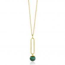 ZINZI Gold Plated Sterling Silver Necklace with Oval Pendant and Dangling Bead in Green Cat's Eye 40-45cm ZIC2420