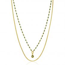 ZINZI Gold Plated Sterling Silver Multi-look Necklace Curb and Green Bead Chain with Round Setting with Olive Green Color Stone 42-45cm ZIC2528G