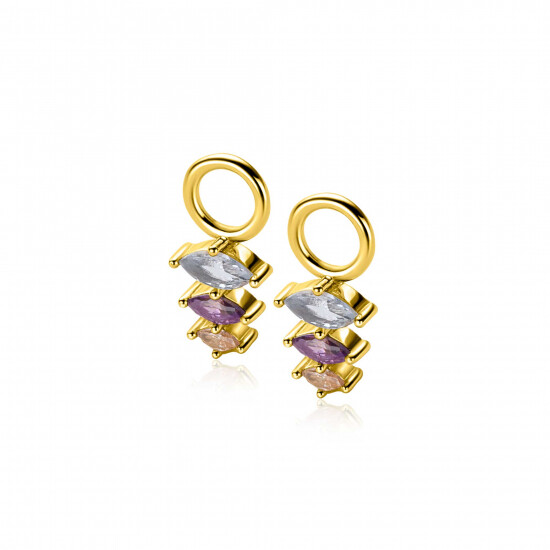 13mm ZINZI gold plated silver charm earrings with three pear-shaped settings in descending size, set with light blue, purple and champagne gemstones ZICH2631BC (without hoops earrings)