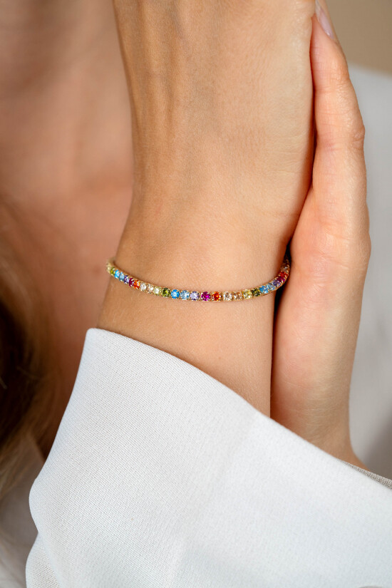 ZINZI gold plated silver tennis bracelet 3mm wide, set with rainbow-colored gemstones in square settings 17-20cm ZIA2666