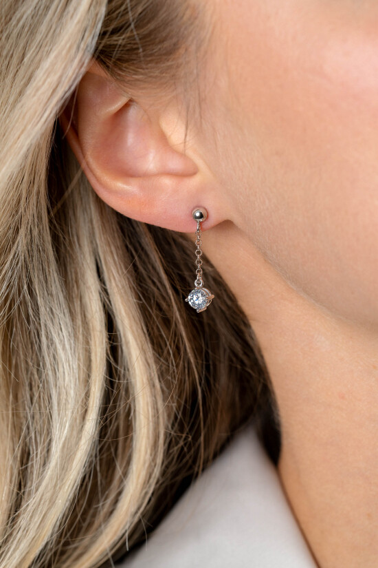 26mm ZINZI silver stud earrings with chain and a dangling round white cubic zirconia ZIO2660