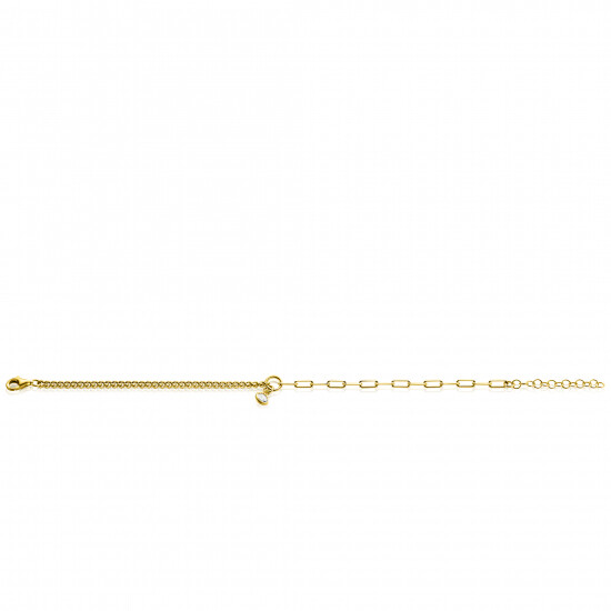 ZINZI Gold Plated Sterling Silver Bracelet with 2 Trendy Chains Combined: Curb and Paperclip Chain. With a Dangling White Zirconia 17-20cm ZIA2480