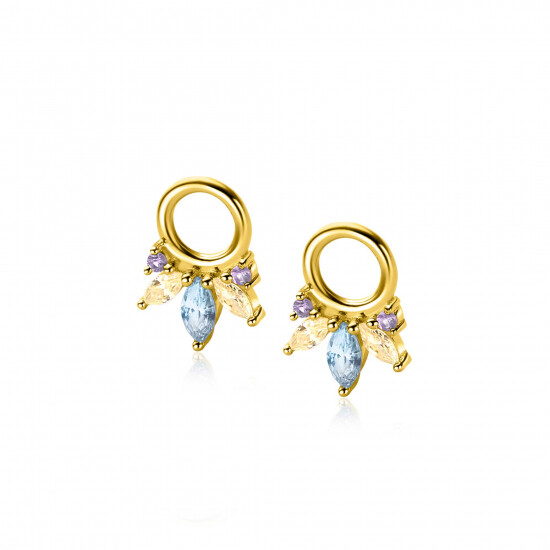 10mm ZINZI gold plated silver charm earrings with five playful settings in descending size, set with purple, champagne and blue gemstones ZICH2633BC (without hoops earrings)