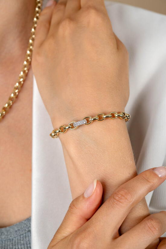 ZINZI gold plated silver link bracelet with a round link set with white cubic zirconias, 6mm wide 19cm ZIA2664