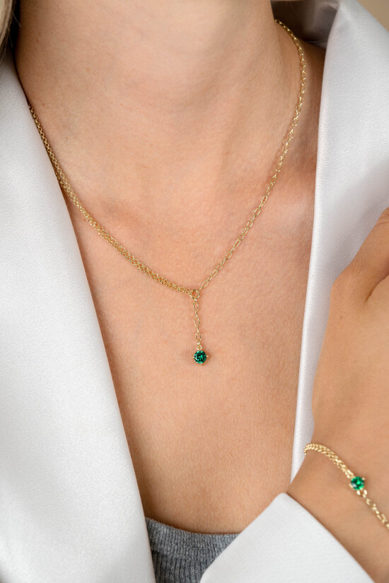 ZINZI gold plated silver Y-necklace with subtle links, dangling green round gemstone 42-45cm ZIC2660G