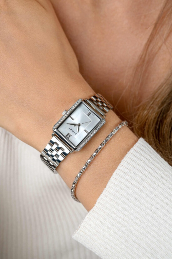 ZINZI Lucia Watch 28mm Rectangular Silver Colored Case with white zirconia and Stainless Steel Chain Strap ZIW2302