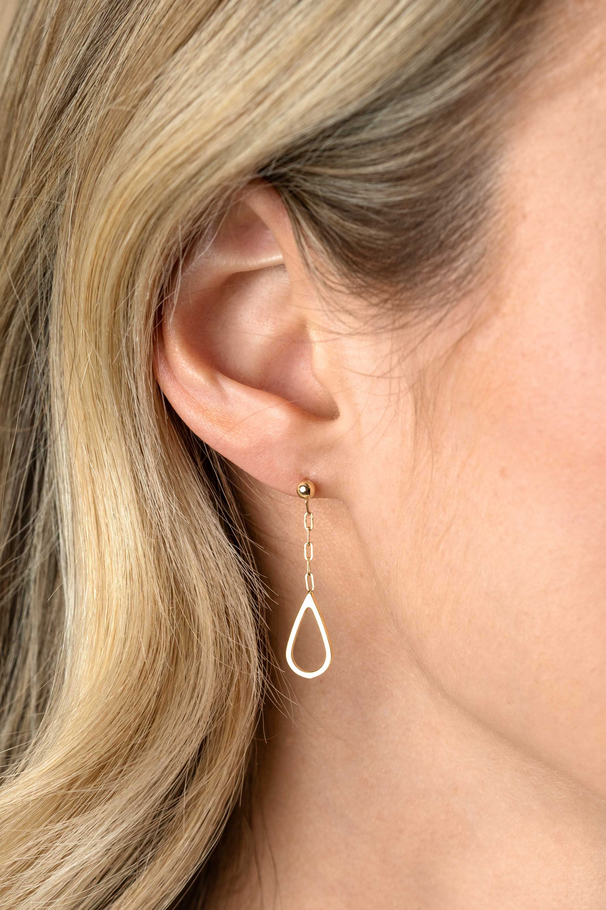 31mm ZINZI gold plated silver stud earrings with link chain and open teardrop shape ZIO2634