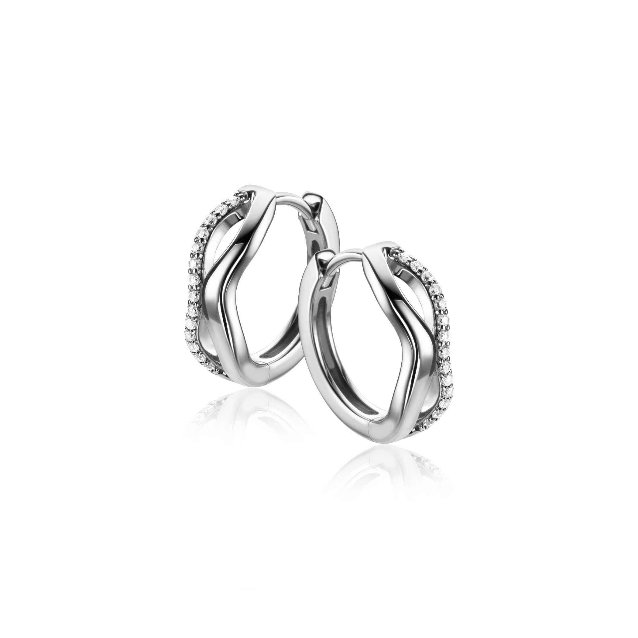 15mm ZINZI silver hoops organically shaped with two wavy lines, one of which is set with white zirconia, with luxury hinge closure ZIO2629