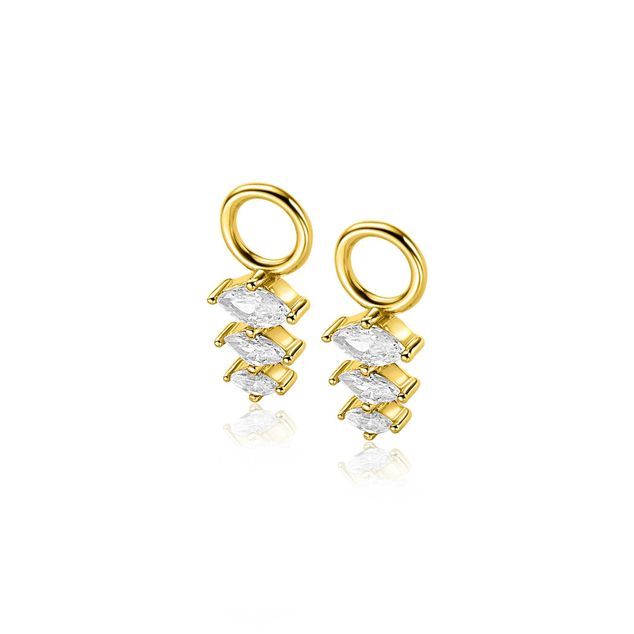 13mm ZINZI gold plated silver charm earrings with three pear-shaped settings in descending size, set with white zirconias ZICH2631 (without hoops earrings)