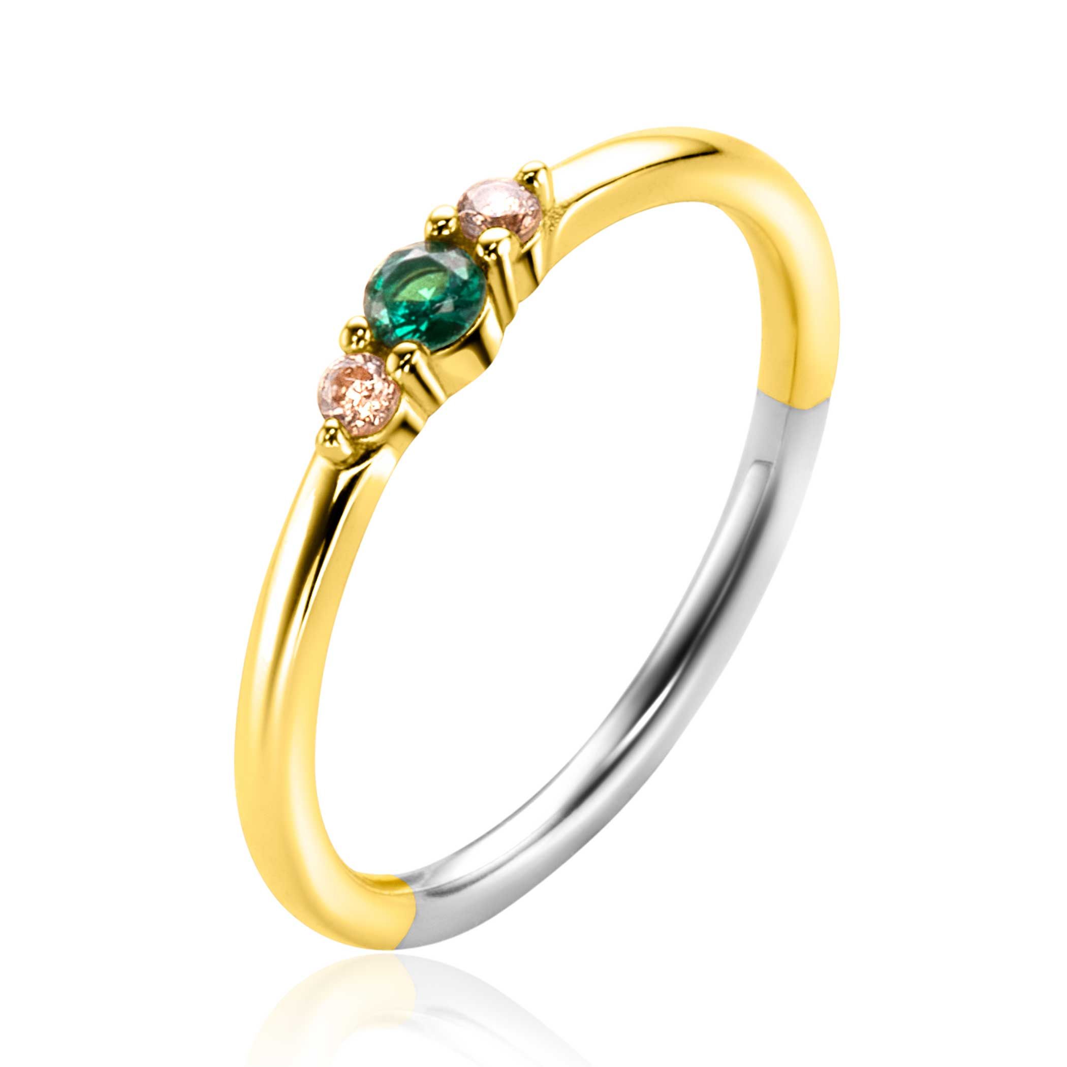 ZINZI Gold Plated Sterling Silver Ring with Small Prong Settings Green and Champagne Color Stones 3mm width ZIR2562